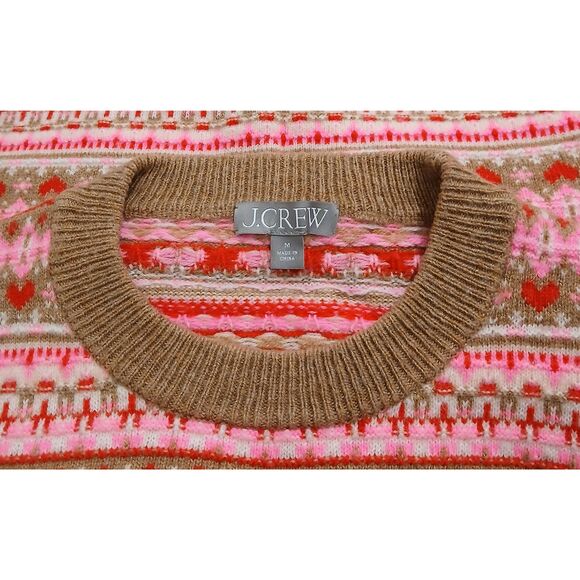 J crew womens medium pink tan fairisle puff sleeve colorblock sweater wool - Picture 5 of 7